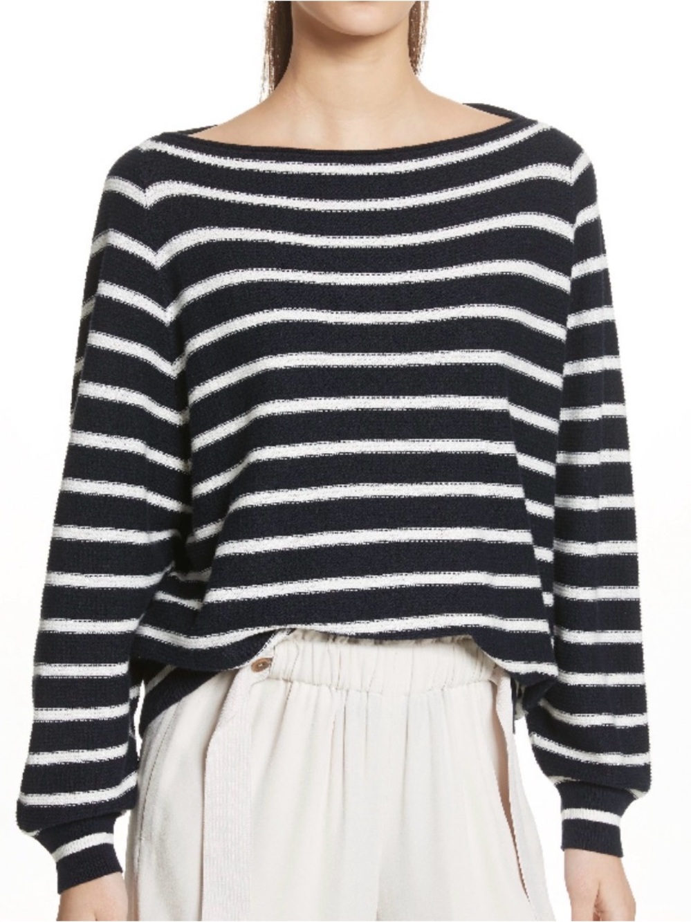 Vince XS Blue and White Stripe Boatneck Sweater in Soft Lightweight Waffle Weave